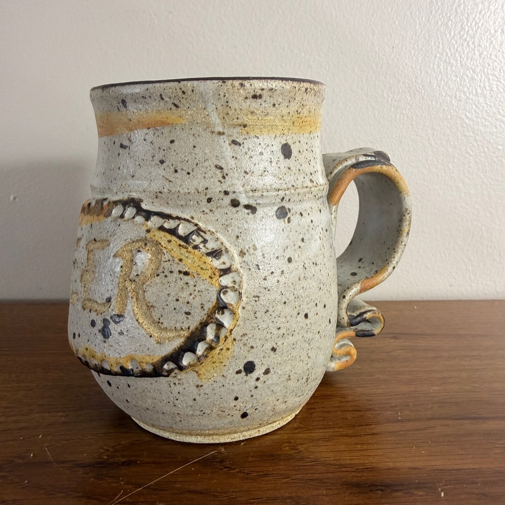 Signed Studio Pottery BEER Mug Stein Sculptural Handle Speckled Stoneware